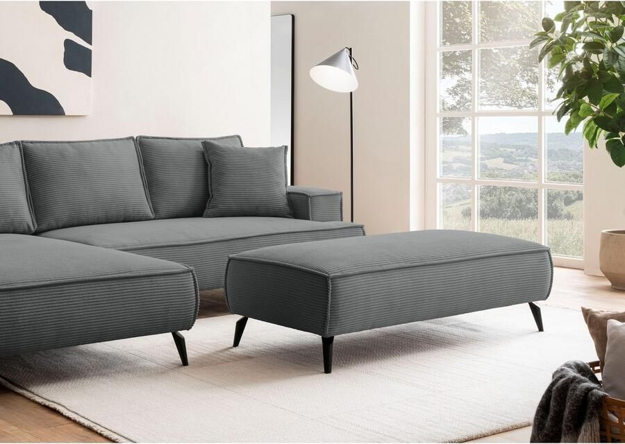 Andas Hocker TVINNU met biesnaad in cord voor de serie tvinnu comfortabele zitervaring rechthoekig zwarte voeten