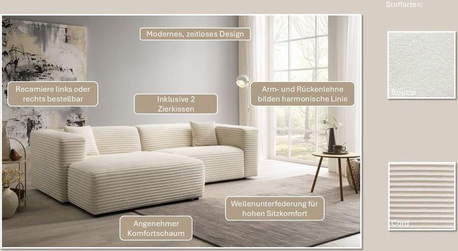 Andas Hoekbank BAKELS L-vorm in cord of bouclé stof moderne bank naar keuze chaise longue rechts links comfortabel zitcomfort - Foto 10