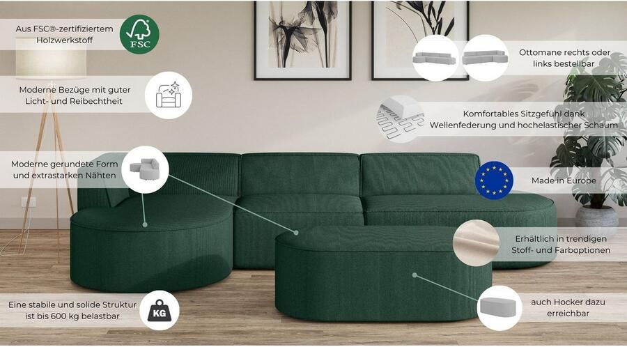 Andas Hoekbank EIVIND designerbank met ottomane rechts links B D H: 343 159 72 cm