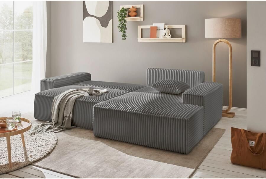 Andas Hoekbank Finnley slaapbank 267 cm in Bouclé fijne structuur en cord L-vorm - Foto 5