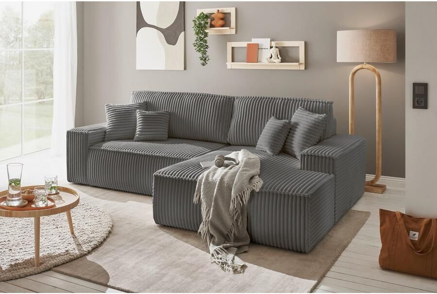 Andas Hoekbank Finnley slaapbank 267 cm in Bouclé fijne structuur en cord L-vorm - Foto 6