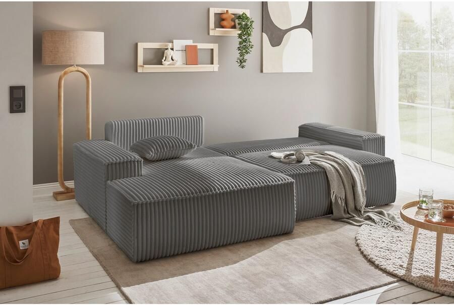 Andas Hoekbank Finnley slaapbank 267 cm in Bouclé fijne structuur en cord L-vorm - Foto 5