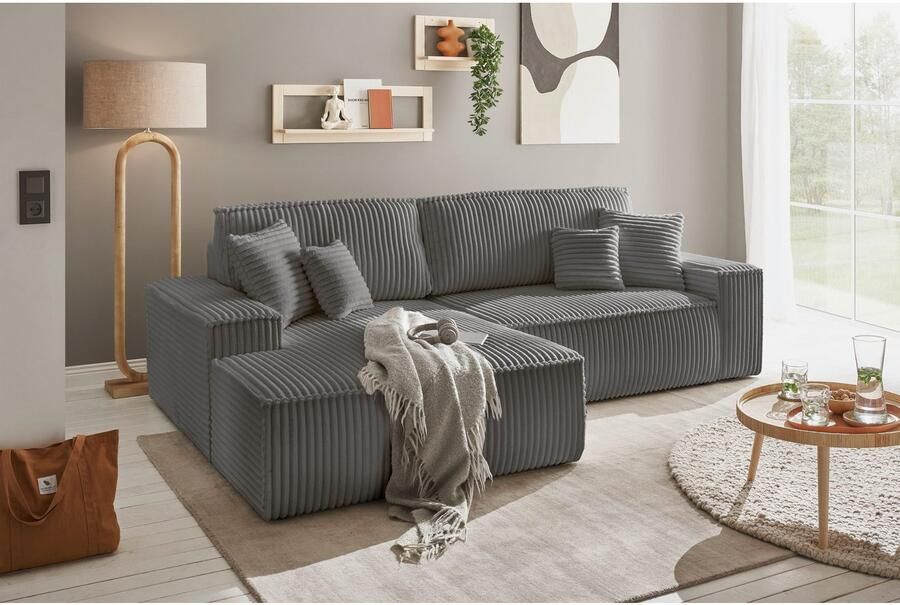 Andas Hoekbank Finnley slaapbank 267 cm in Bouclé fijne structuur en cord L-vorm - Foto 6