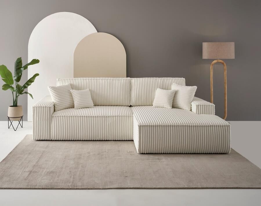 Andas Hoekbank Finnley slaapbank 267 cm in Bouclé fijne structuur en cord L-vorm - Foto 16