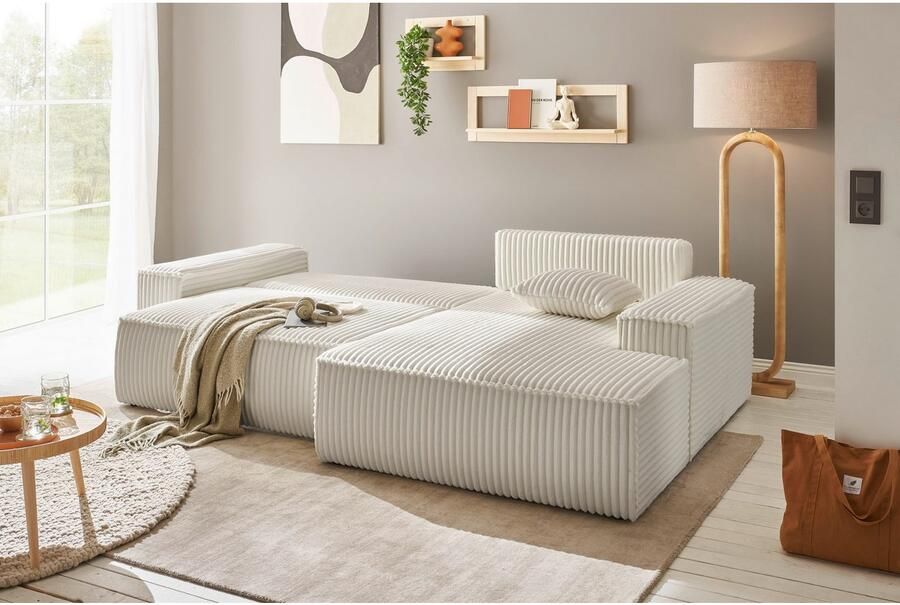 Andas Hoekbank Finnley slaapbank 267 cm in Bouclé fijne structuur en cord L-vorm - Foto 5