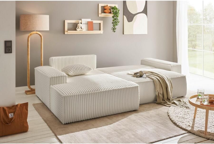 Andas Hoekbank Finnley slaapbank 267 cm in Bouclé fijne structuur en cord L-vorm - Foto 5