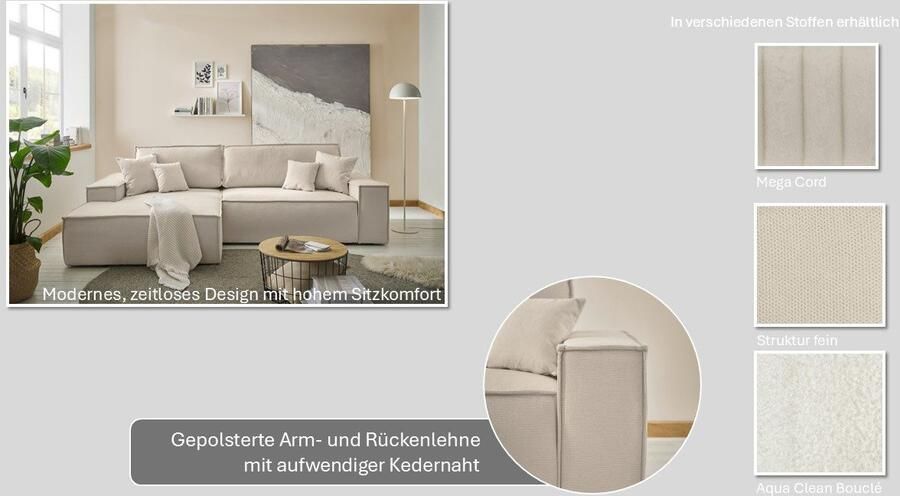 Andas Hoekbank Finnley slaapbank 267 cm in Bouclé fijne structuur en cord L-vorm - Foto 7