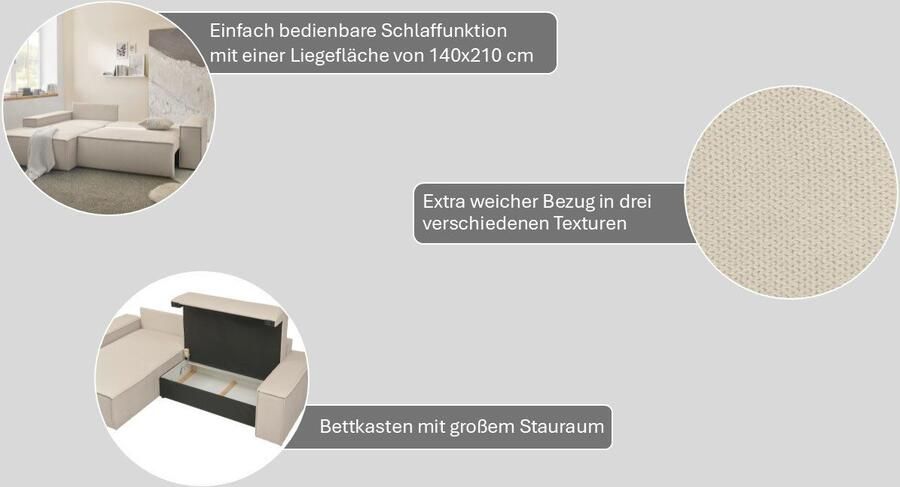 Andas Hoekbank Finnley slaapbank 267 cm in Bouclé fijne structuur en cord L-vorm - Foto 8