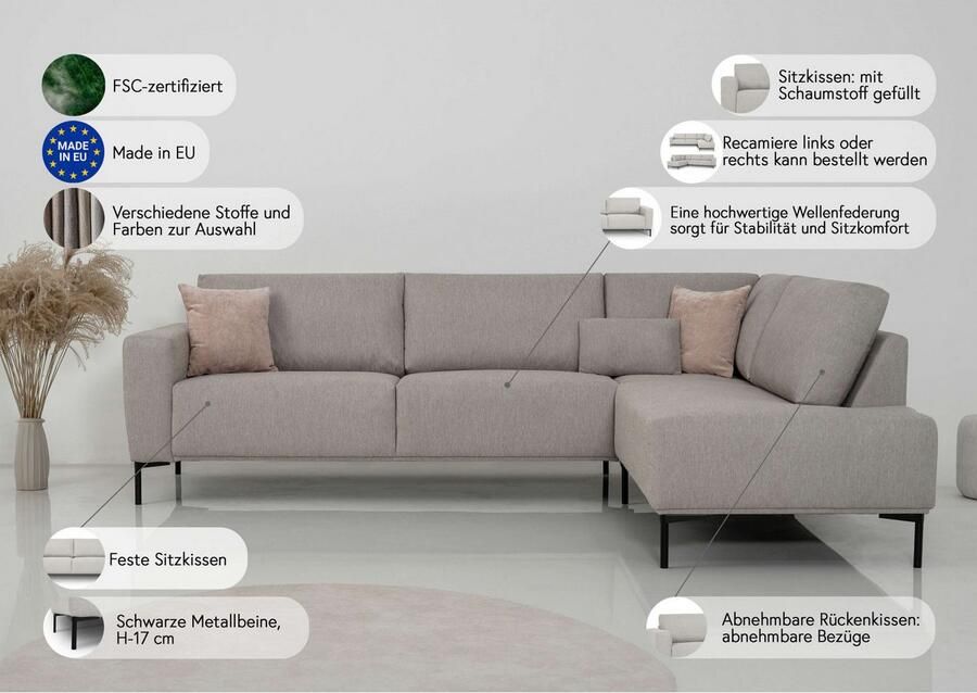 Andas Hoekbank Melby Breedte 275 cm in een zachte structuurstof losse rugkussens (2-delig) - Foto 2