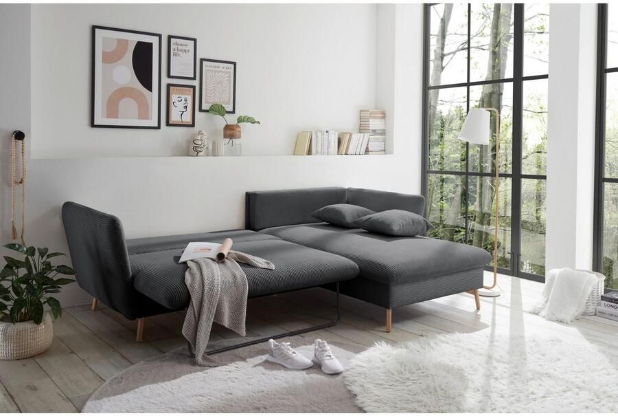 Andas Hoekbank MERLE 258 cm L-vorm prachtige corduroy met slaapfunctie en bedlade ligoppervlak 224 x 139 - Foto 4