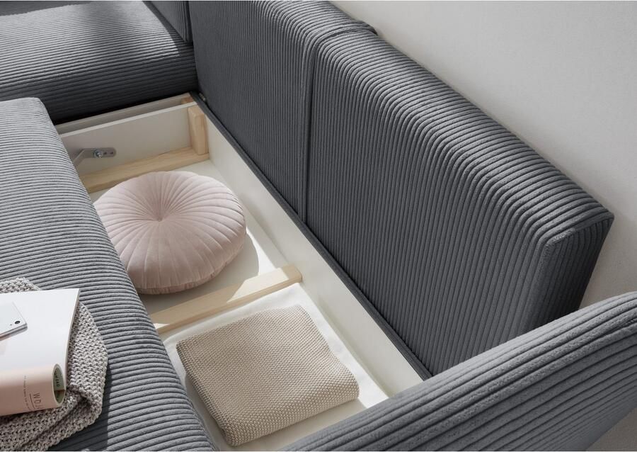 Andas Hoekbank MERLE 258 cm L-vorm prachtige corduroy met slaapfunctie en bedlade ligoppervlak 224 x 139 - Foto 3