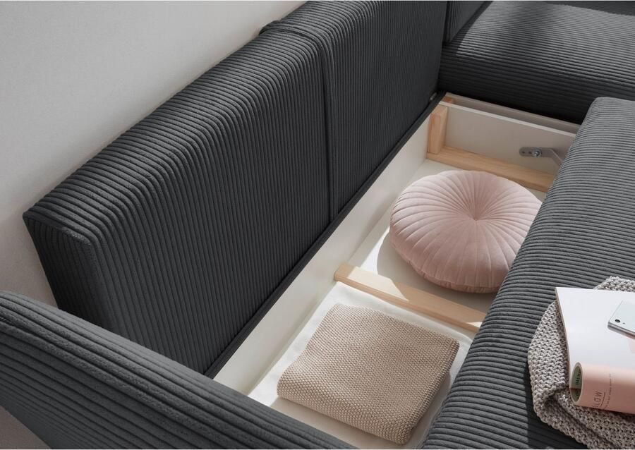 Andas Hoekbank MERLE 258 cm L-vorm prachtige corduroy met slaapfunctie en bedlade ligoppervlak 224 x 139 - Foto 3