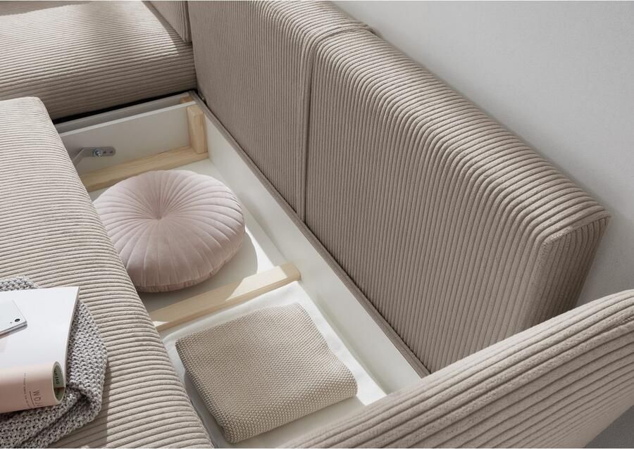Andas Hoekbank MERLE 258 cm L-vorm prachtige corduroy met slaapfunctie en bedlade ligoppervlak 224 x 139 - Foto 3