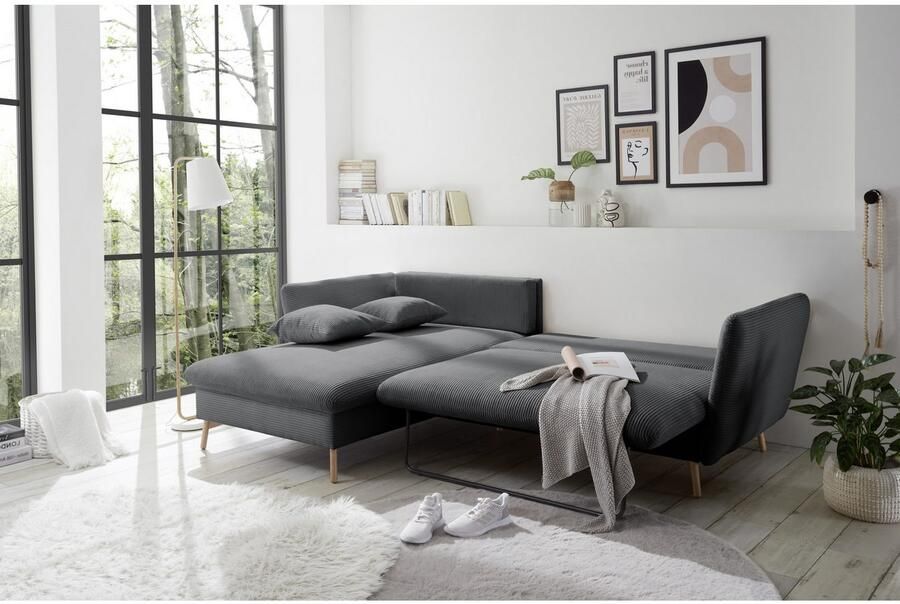 Andas Hoekbank MERLE 258 cm L-vorm prachtige corduroy met slaapfunctie en bedlade ligoppervlak 224 x 139 - Foto 5