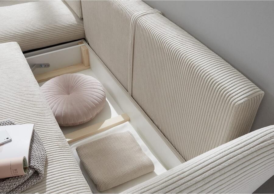 Andas Hoekbank MERLE 258 cm L-vorm prachtige corduroy met slaapfunctie en bedlade ligoppervlak 224 x 139 - Foto 3