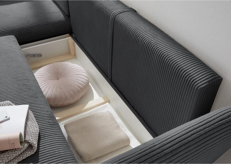 Andas Hoekbank MERLE 258 cm L-vorm prachtige corduroy met slaapfunctie en bedlade ligoppervlak 224 x 139 - Foto 3