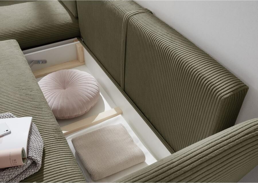 Andas Hoekbank MERLE 258 cm L-vorm prachtige corduroy met slaapfunctie en bedlade ligoppervlak 224 x 139 - Foto 3
