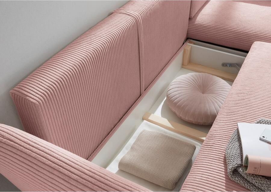 Andas Hoekbank MERLE 258 cm L-vorm prachtige corduroy met slaapfunctie en bedlade ligoppervlak 224 x 139 - Foto 3