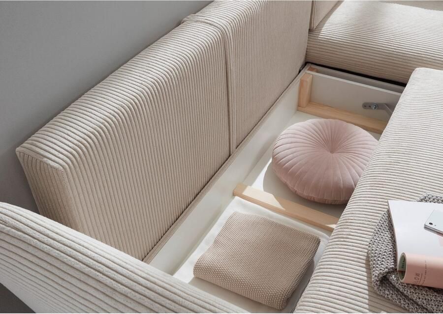 Andas Hoekbank MERLE 258 cm L-vorm prachtige corduroy met slaapfunctie en bedlade ligoppervlak 224 x 139 - Foto 3