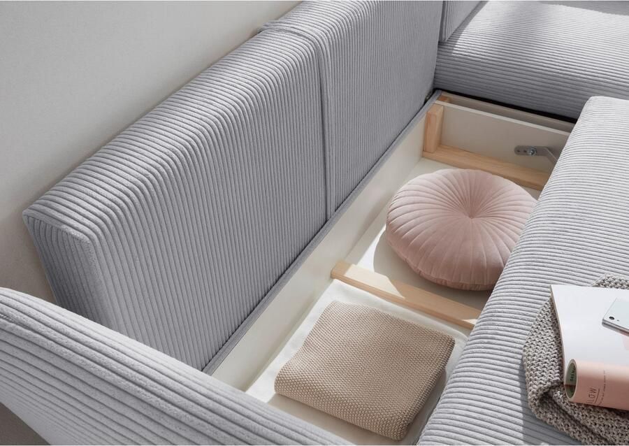 Andas Hoekbank MERLE 258 cm L-vorm prachtige corduroy met slaapfunctie en bedlade ligoppervlak 224 x 139 - Foto 3