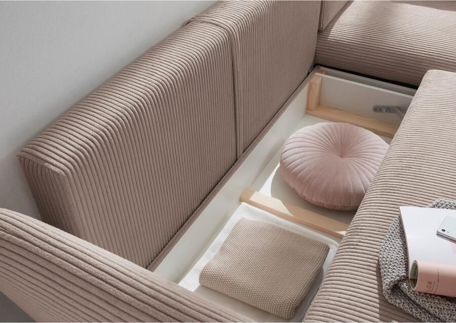 Andas Hoekbank MERLE 258 cm L-vorm prachtige corduroy met slaapfunctie en bedlade ligoppervlak 224 x 139 - Foto 3