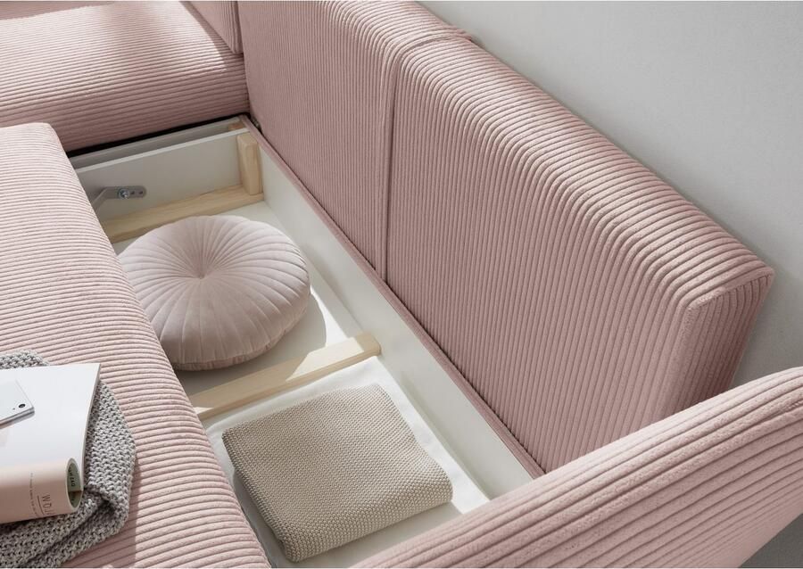 Andas Hoekbank MERLE 258 cm L-vorm prachtige corduroy met slaapfunctie en bedlade ligoppervlak 224 x 139 - Foto 3
