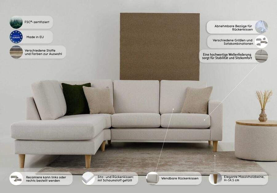 Andas Hoekbank Tvinno in scandinavische stijl l-vorm met massief houten poten breedte 230 cm