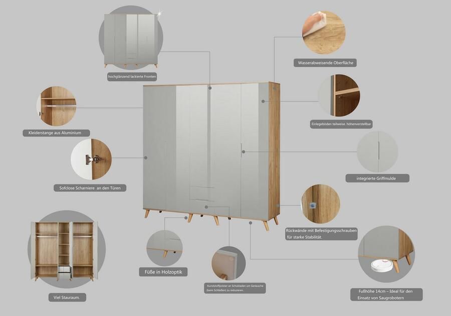 Andas Kledingkast Lund slaapkamerkast bestseller in Scandinavisch design Kledingkast met premium binneninrichting breedte 200 cm hoogglans - Foto 6