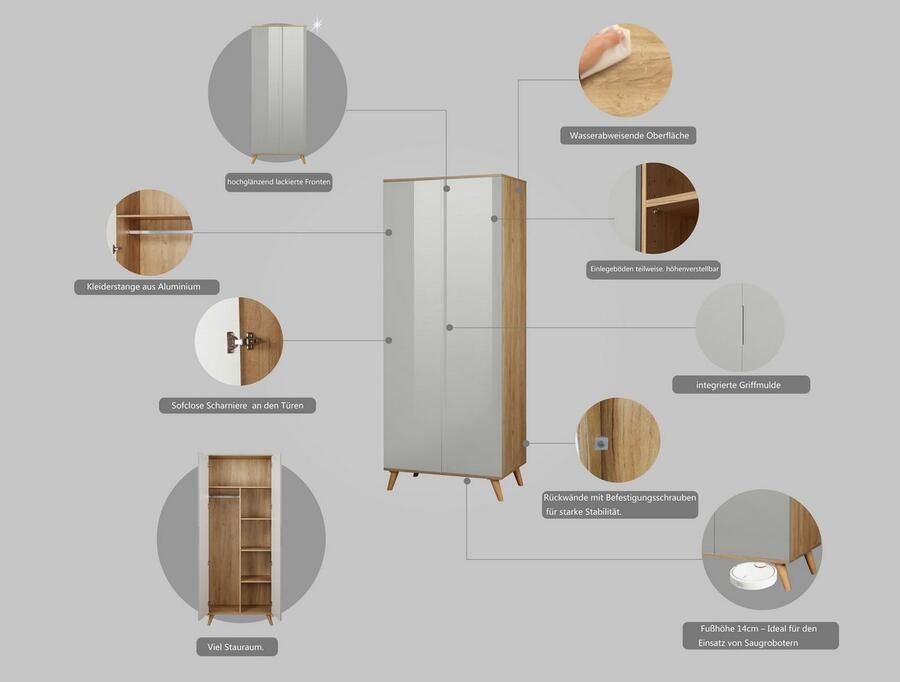 Andas Kledingkast Lund slaapkamerkast bestseller in Scandinavisch design Kledingkast met premium binneninrichting breedte 80 cm hoogglans - Foto 2