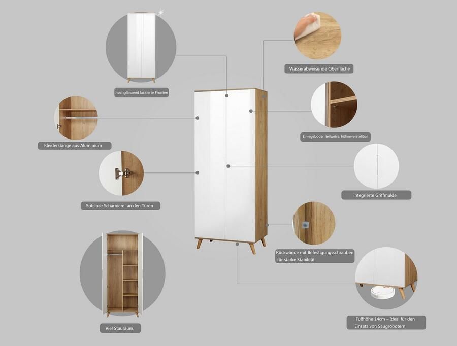Andas Kledingkast Lund slaapkamerkast bestseller in Scandinavisch design Kledingkast met premium binneninrichting breedte 80 cm hoogglans - Foto 2