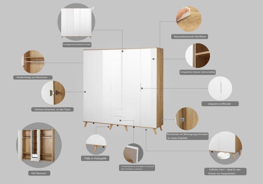 Andas Kledingkast Lund slaapkamerkast bestseller in Scandinavisch design Kledingkast met premium binneninrichting breedte 200 cm hoogglans - Foto 6