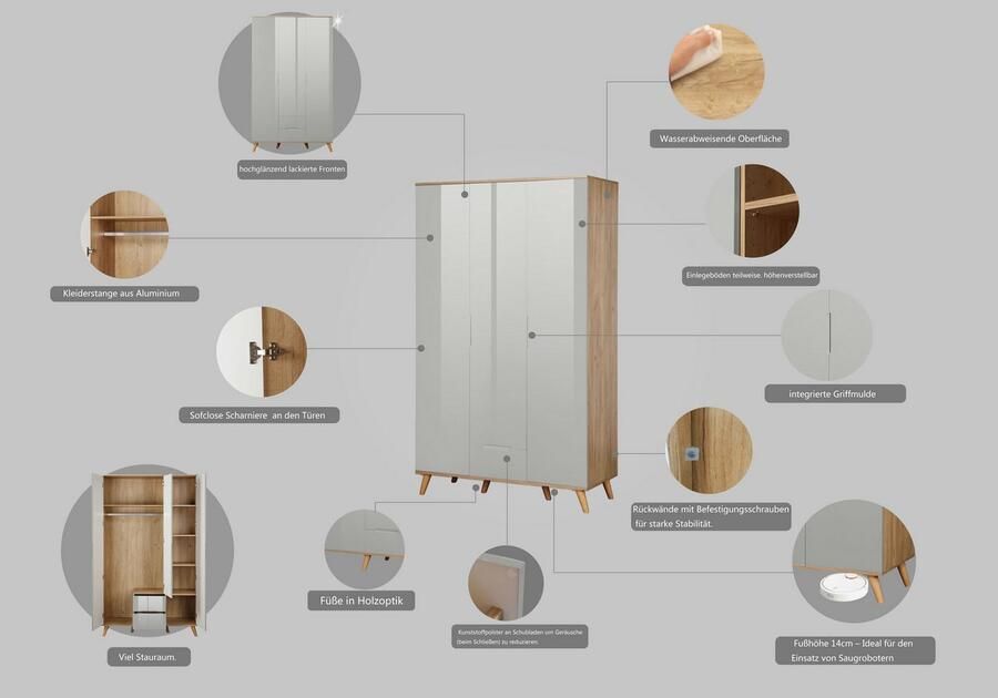 Andas Kledingkast Lund slaapkamerkast bestseller in Scandinavisch design Kledingkast met premium binneninrichting breedte 120 cm - Foto 5