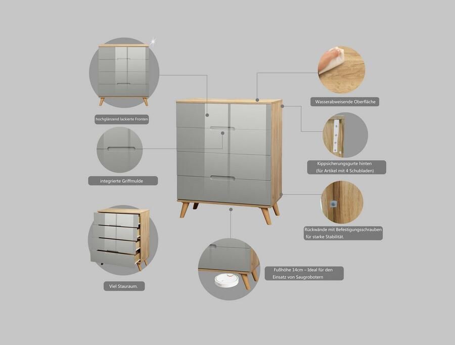 Andas Ladekast Lund slaapkamerkast linnenkast met hoogglanzende fronten - Foto 4