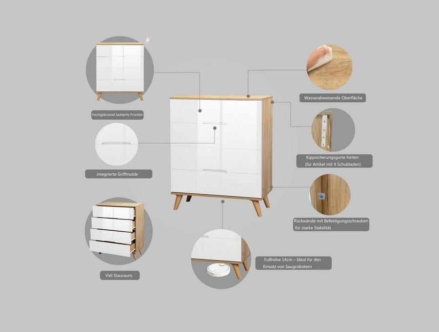 Andas Ladekast Lund slaapkamerkast linnenkast met hoogglanzende fronten - Foto 4