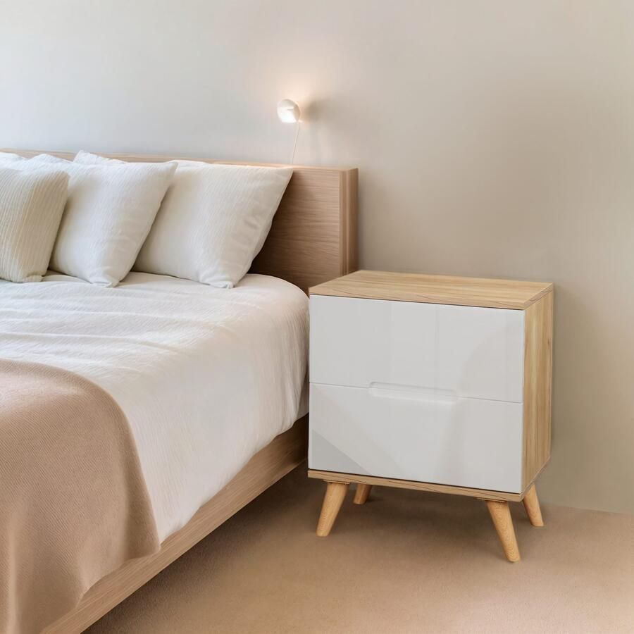 Andas Nachtkastje Lund nachttafel bijzetkast commode met hoogglans fronten Nachtkastje met 2 lades bestseller in Scandinavisch design