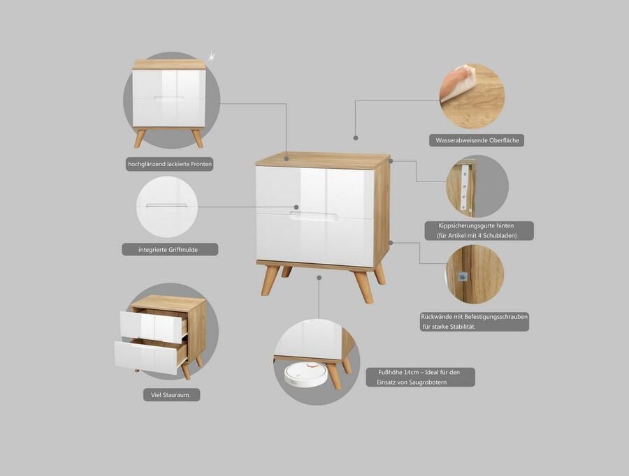 Andas Nachtkastje Lund nachttafel bijzetkast commode met hoogglans fronten Nachtkastje met 2 lades bestseller in Scandinavisch design - Foto 4