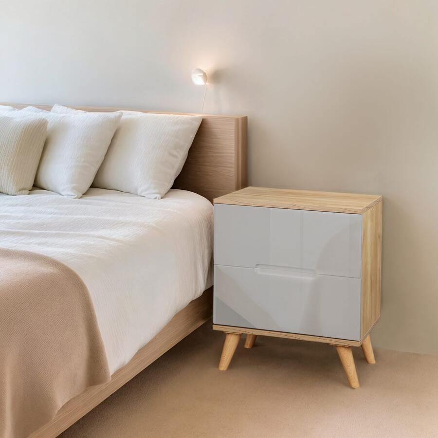 Andas Nachtkastje Lund nachttafel bijzetkast commode met hoogglans fronten Nachtkastje met 2 lades bestseller in Scandinavisch design