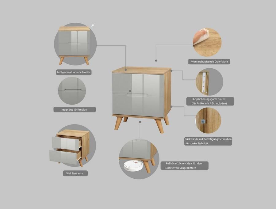 Andas Nachtkastje Lund nachttafel bijzetkast commode met hoogglans fronten Nachtkastje met 2 lades bestseller in Scandinavisch design - Foto 4