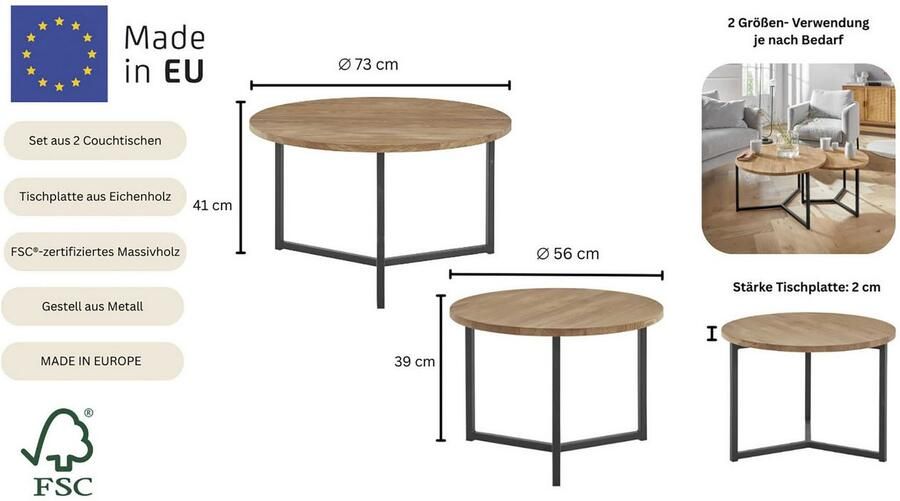 Andas Salontafel Likta van eikenhout fsc gecertificeerd 2-delige set stabiel metalen frame - Foto 3