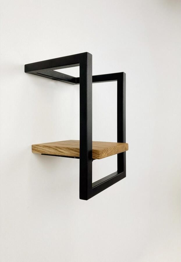 Andas Wandplank Borken rek plank wandplank Gemaakt van metaal met massief eiken planken - Foto 2