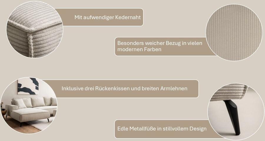 Andas Hoekbank TVINNU L-vorm in cord bank keuze met recamiere rechts links zwarte voeten comfortabele zitcomfort - Foto 8