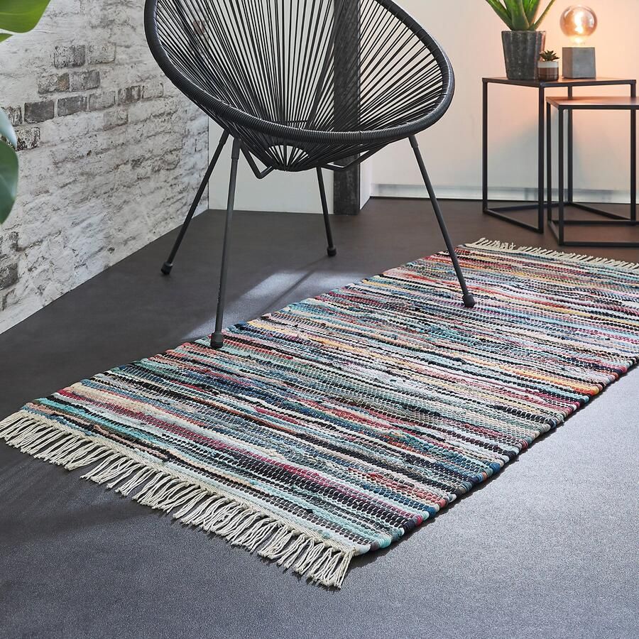 Andiamo Vloerkleed Multicolour Platweefsel vlekjes puur katoen met de hand geweven met franje