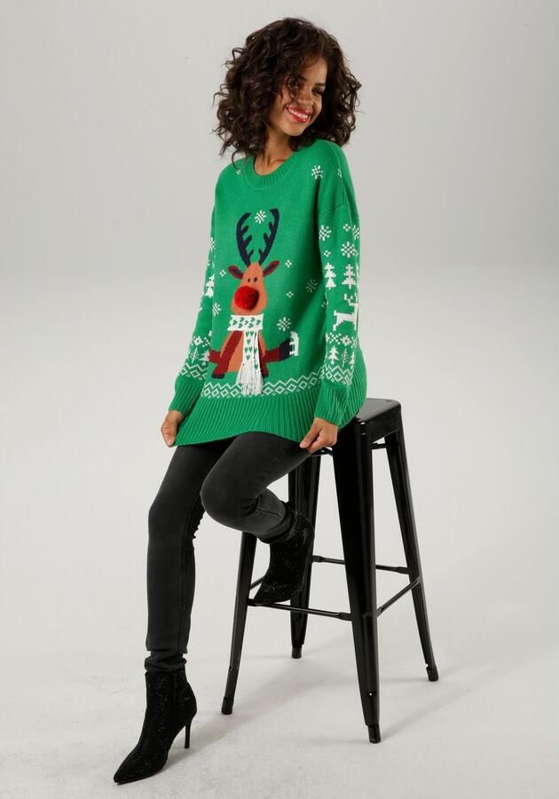 Aniston CASUAL Kersttrui met pompon als neus en sjaal met franje - Foto 4