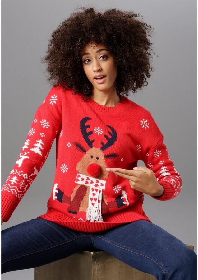 Aniston CASUAL Kersttrui met pompon als neus en sjaal met franje - Foto 3