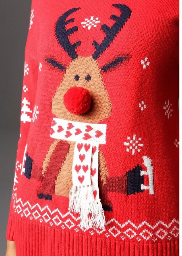 Aniston CASUAL Kersttrui met pompon als neus en sjaal met franje