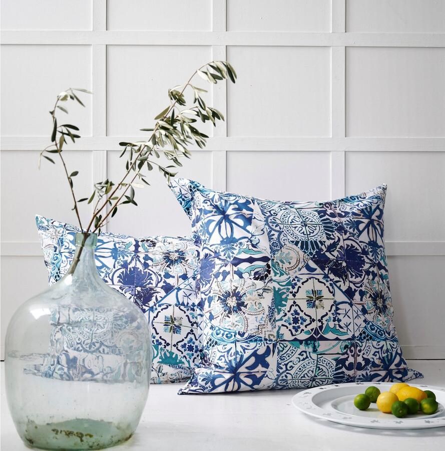 APELT Beddengoed Azzuro Handgeschilderde blauw-witte tegels in Amalfi-stijl GOTS gecertificeerd