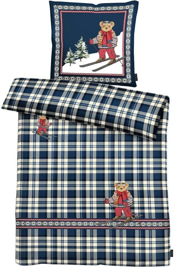 APELT Beddengoed Mati GOTS Ruitpatroon met Noorse rand en beer op skies (2-delig) - Foto 3