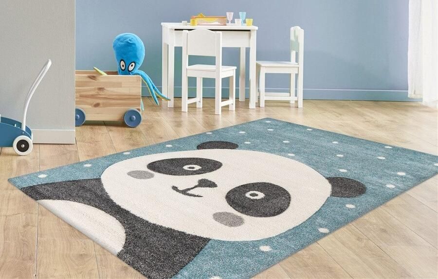Lalee Amigo – Vloerkleed Vloer kleed Kinderkamer Panda vlokken Tapijt – Karpet 120x170 – Blauw - Foto 4