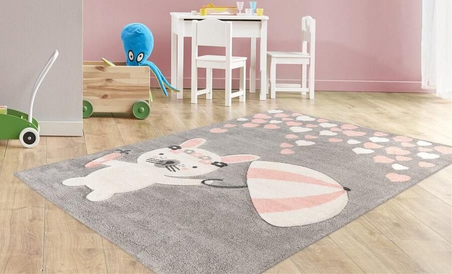 Lalee Amigo – Vloerkleed Vloer kleed Konijn – Hartjes Tapijt – Karpet 120x170 – Roze – Grijs - Foto 4