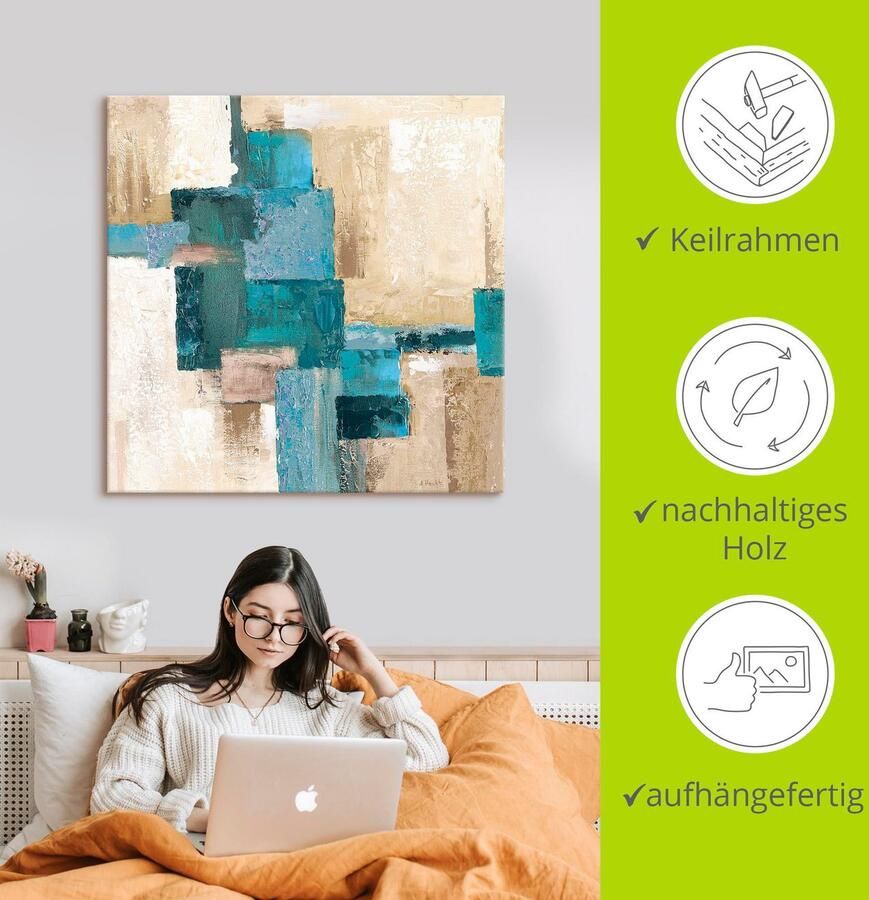 Artland Artprint Abstracte ruiten beige-turquoise als artprint van aluminium artprint voor buiten artprint op linnen poster in verschillende maten. maten - Foto 4